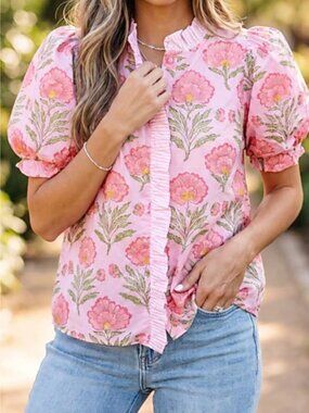 New Threaded Pear Melanie Trim Puffed Sleeve Shirt